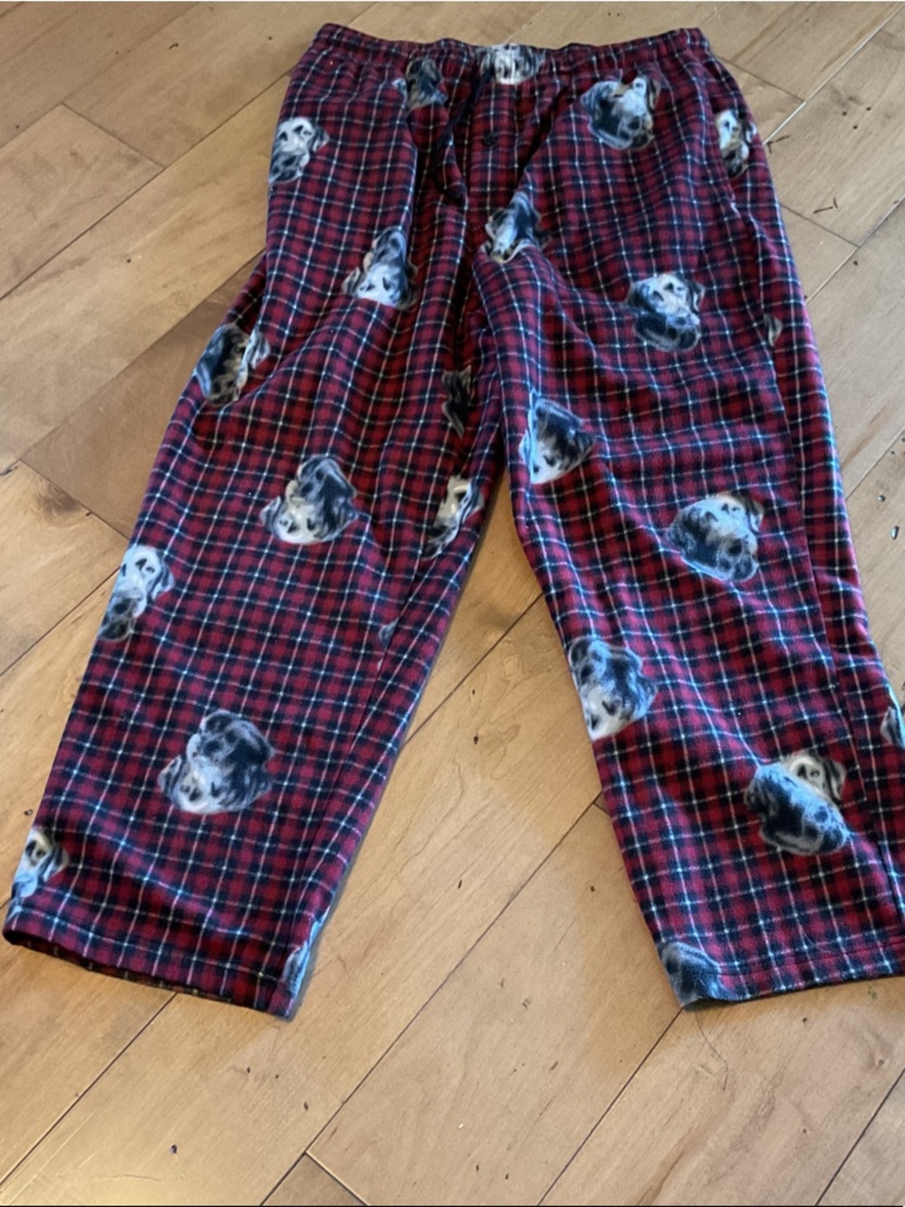 Faded Glory Red Plaid Jogger Pants with Black & White Dog Print